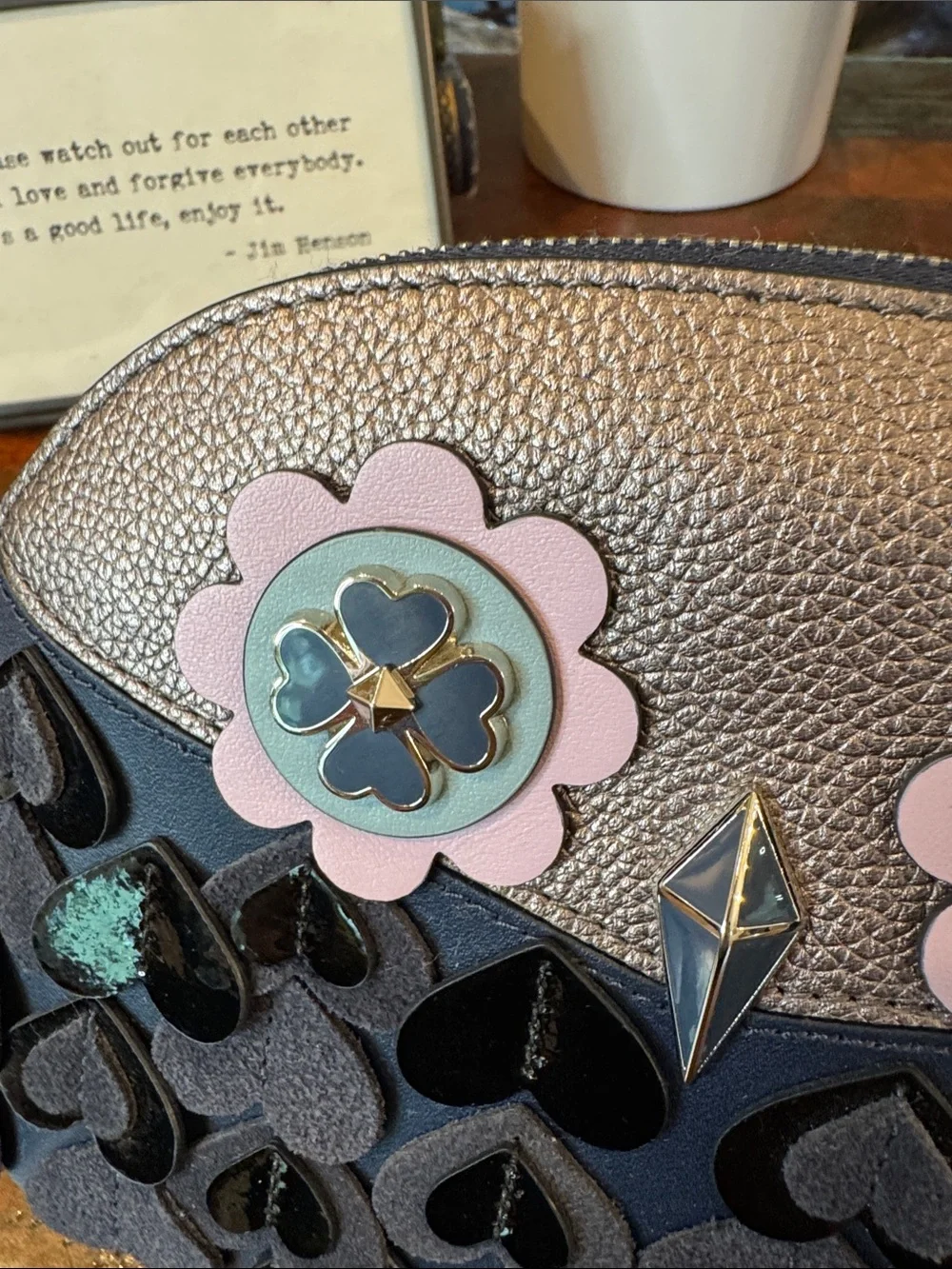 kate spade Navy and Pink Floral Heart Appliqué Cosmetic Pouch